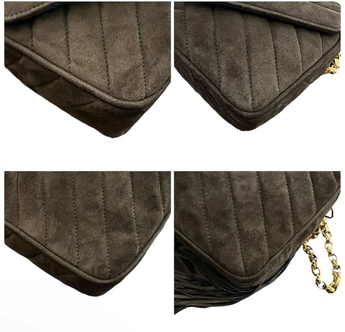 Vintage CHANEL Chevron V-Line Fringe Bijou Chain Shoulder Bag – Brown Suede