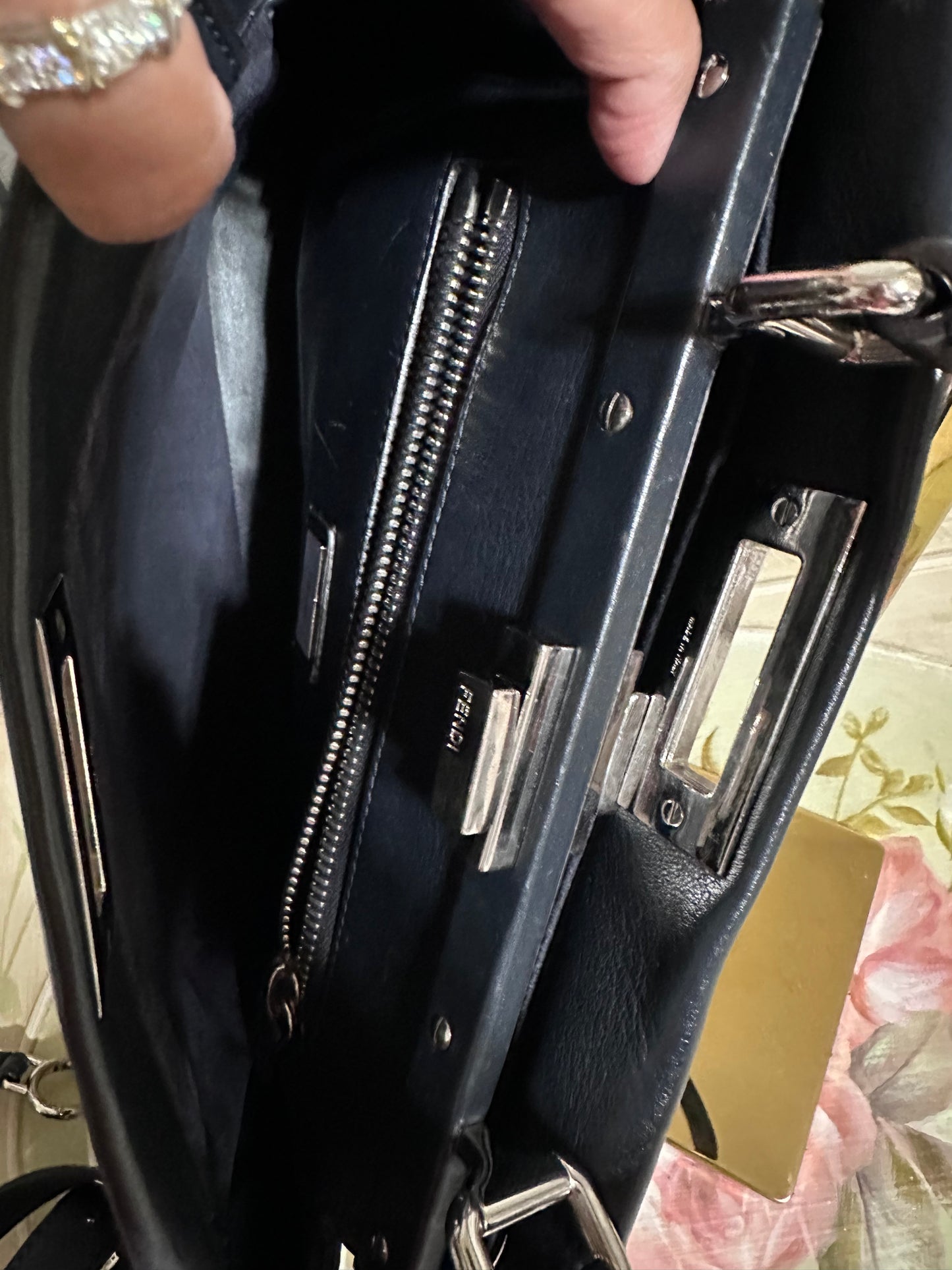 Fendi Peekaboo Medium Leather Satchel in Dark Navy Blue