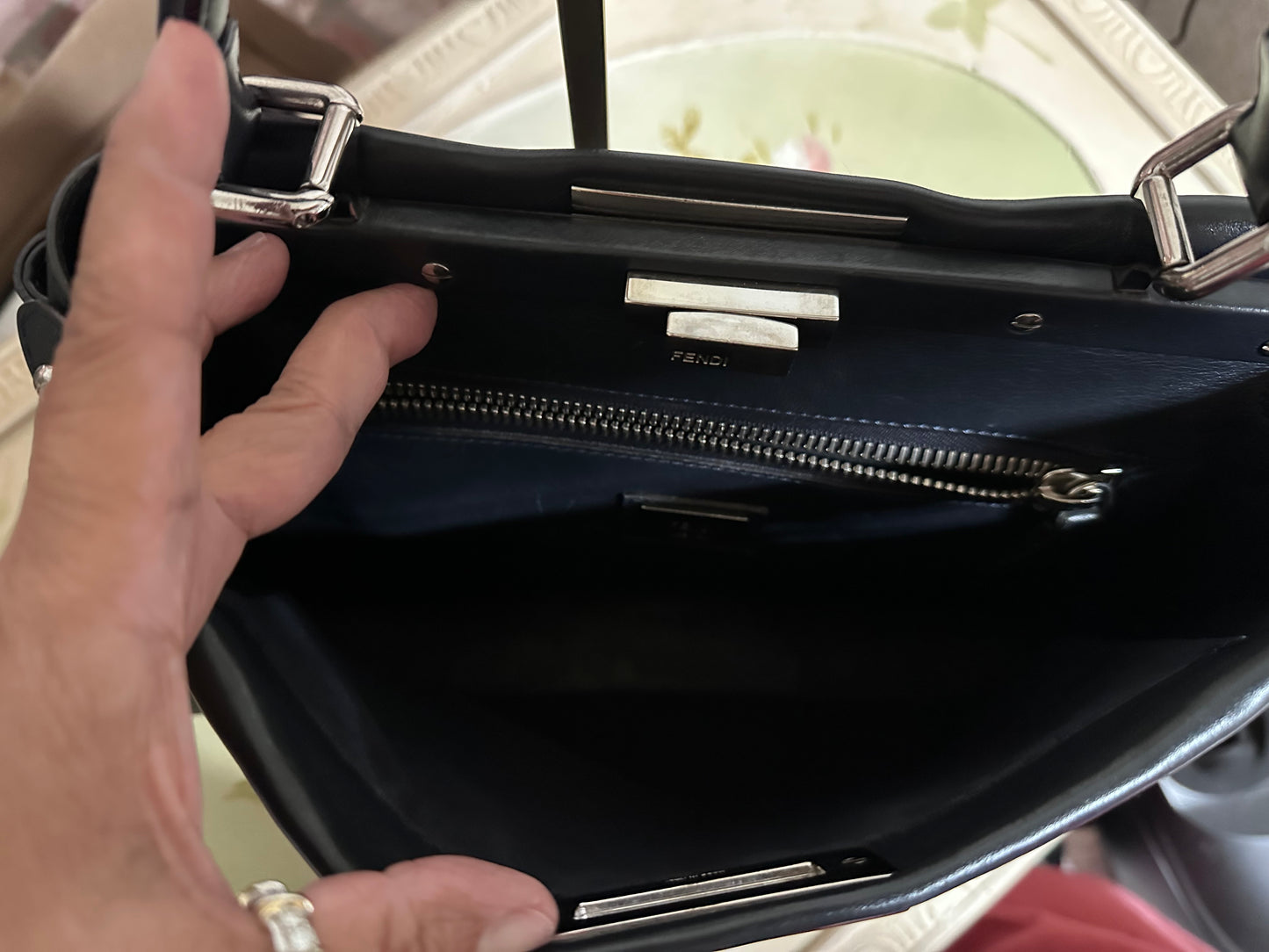 Fendi Peekaboo Medium Leather Satchel in Dark Navy Blue