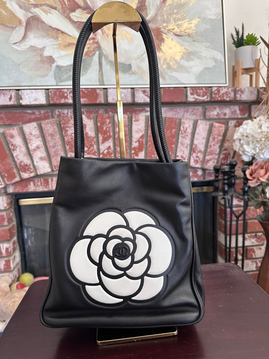 Rare Find – Chanel Camellia Black Lambskin Tote Bag with Logo Detail