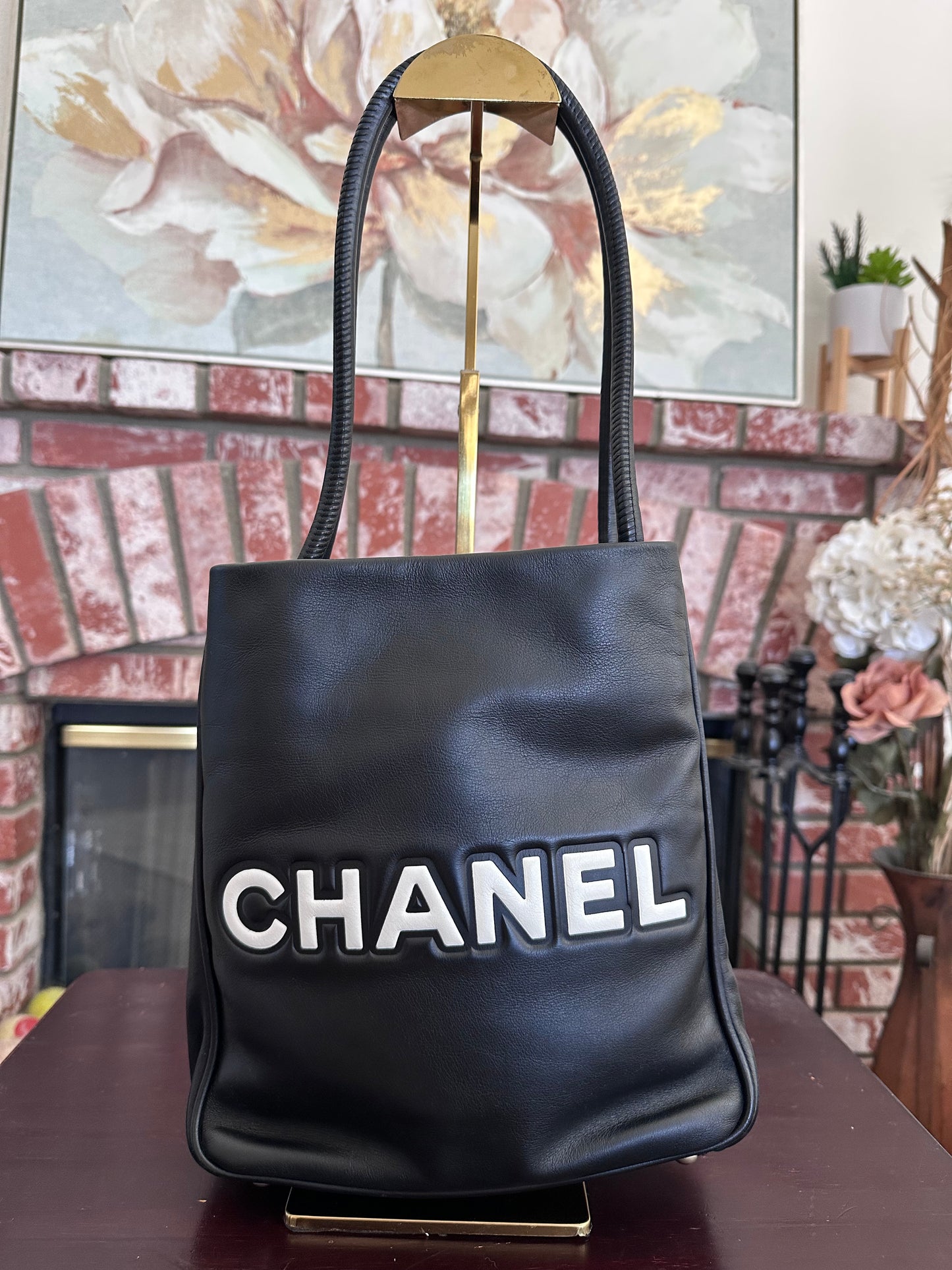 Rare Find – Chanel Camellia Black Lambskin Tote Bag with Logo Detail